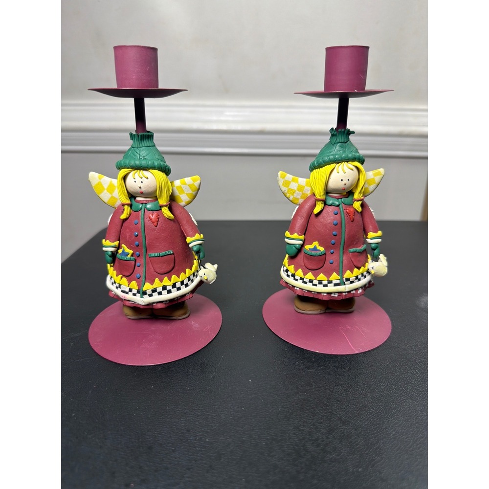 VTG set of 2 7in Debbie Mumm Angel Candle Holders Red Folk Art angel Bird Clay